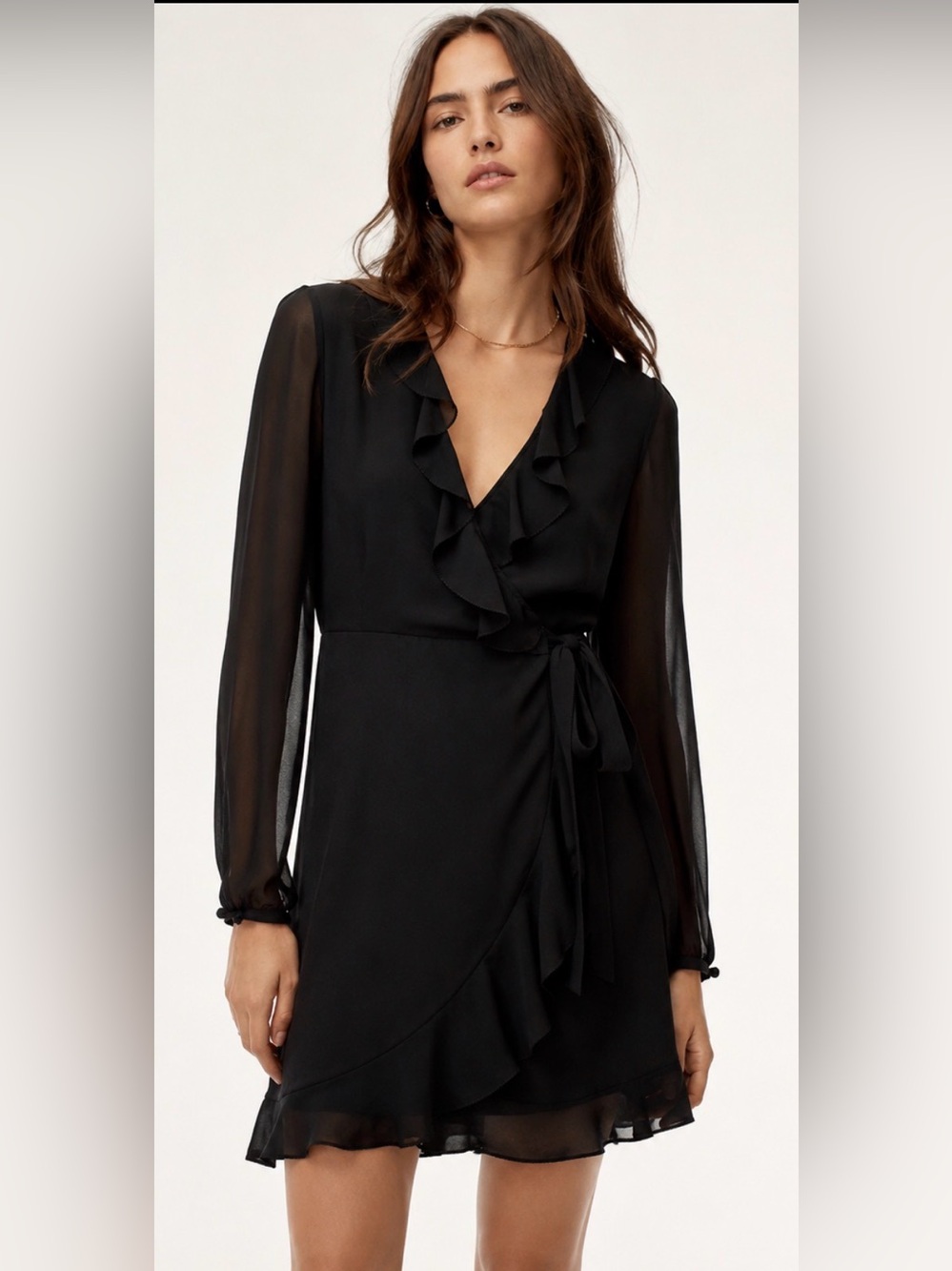 Aritzia Wilfred Louise Wrap Dress Black Chiffon Ruffle Mini Dress XS